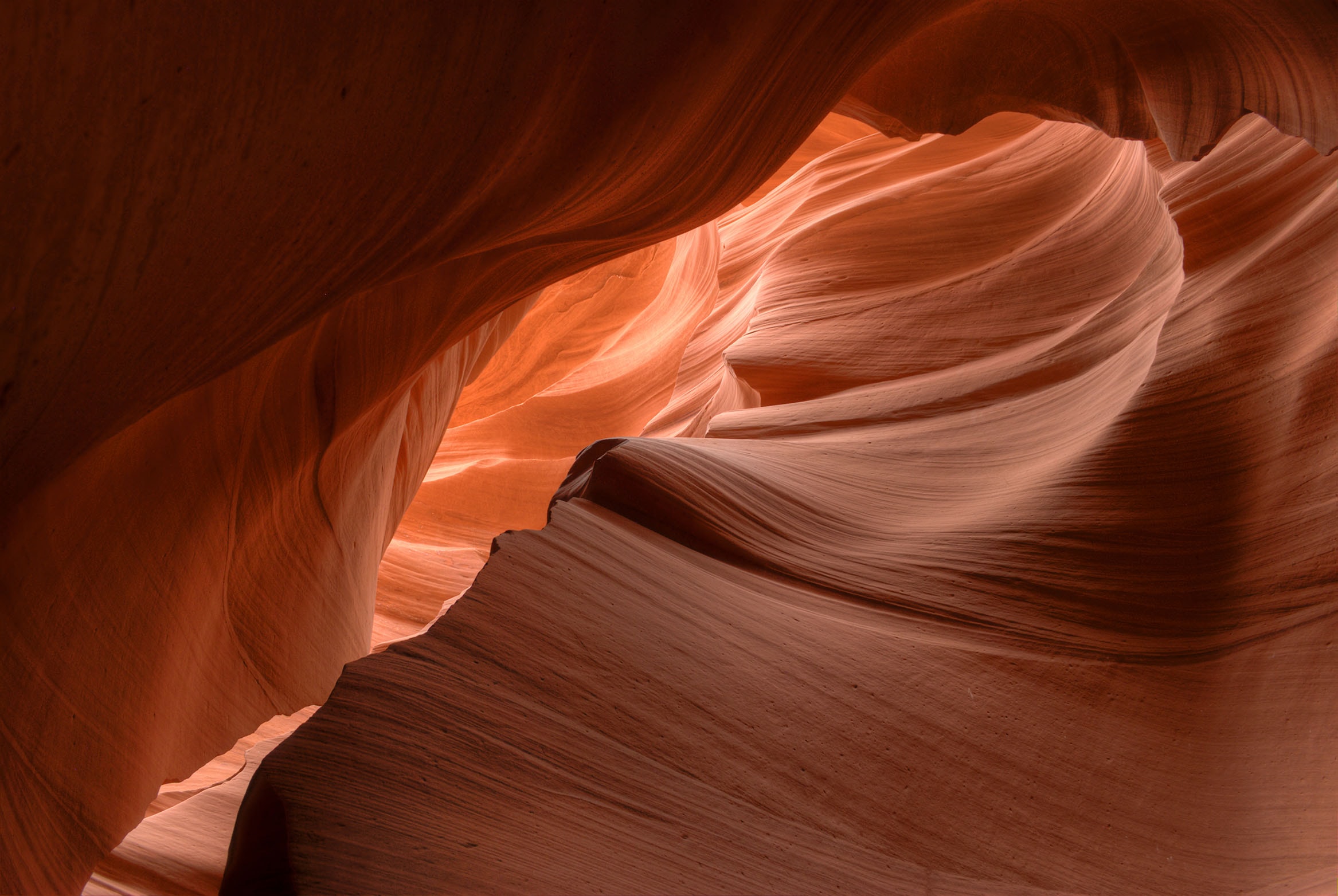 Deep inside a slot canyon, flowing sandstone walls glow in shades of amber, gold, and rust as light pours in from above