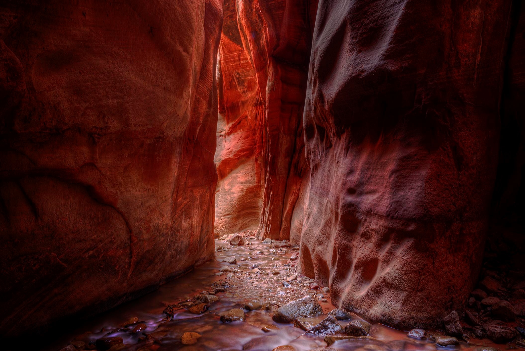 Kanarraville slot canyon, a narrow passage of sculpted sandstone with a shallow stream winding through its cool shadows