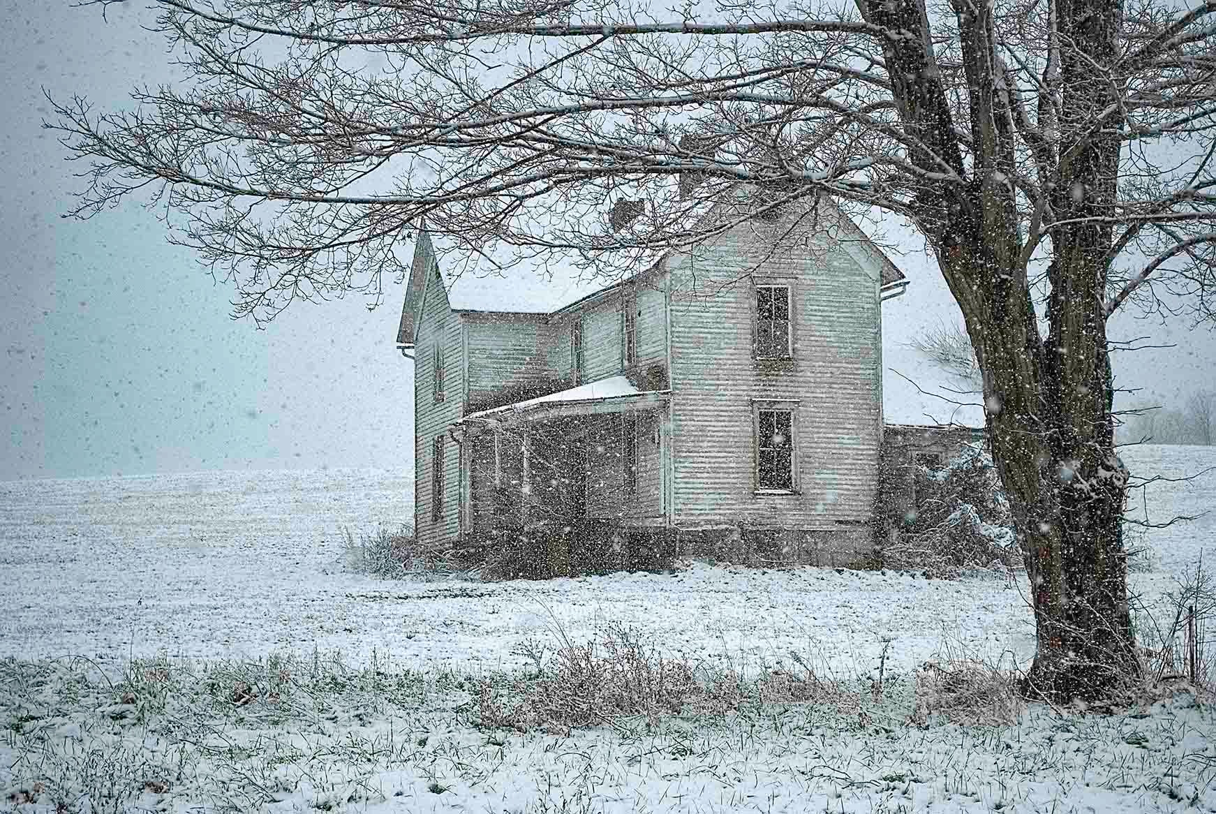 Abandoned farmhouse standing alone in a snow-covered field during a blizzard beside a bare tree