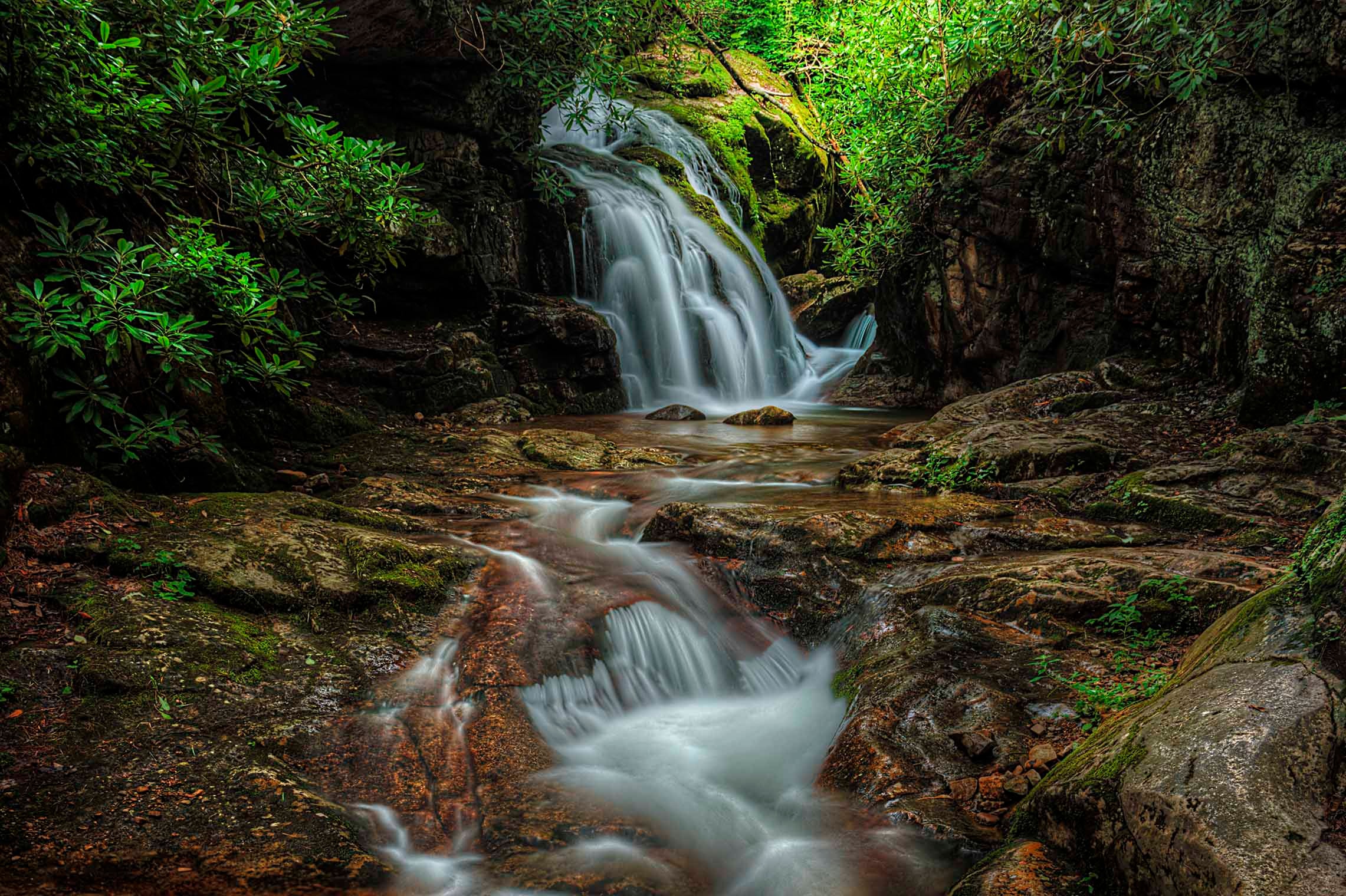 Upper Blue Hole Falls cascading over mossy rocks into a dark pool surrounded by dense rhododendron and summer foliage