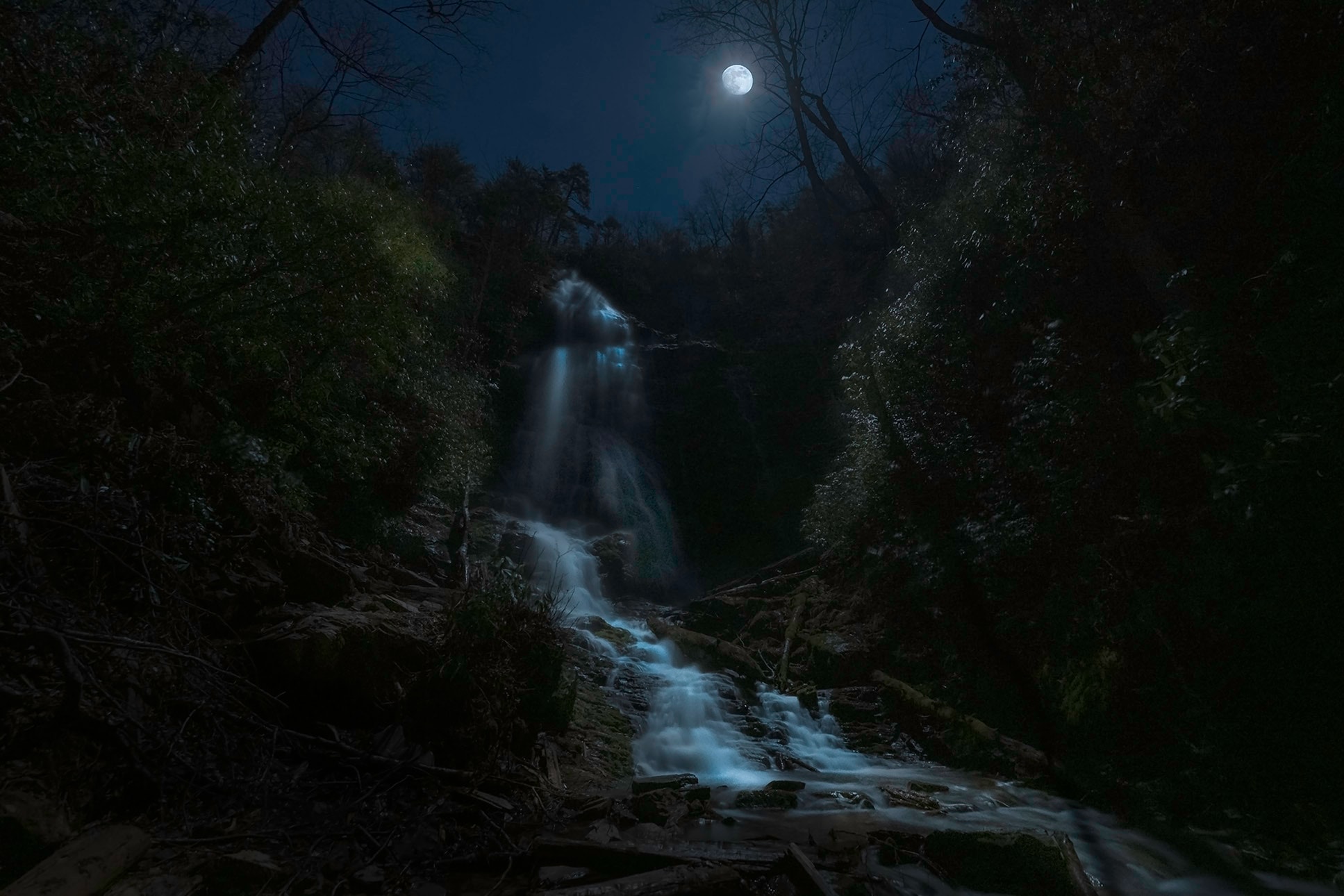 Mingo Falls glowing in moonlight with silver cascades against a deep blue night sky